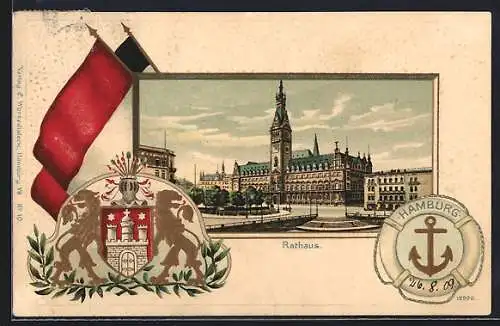 Passepartout-Lithographie Hamburg, Rathaus mit Wappen