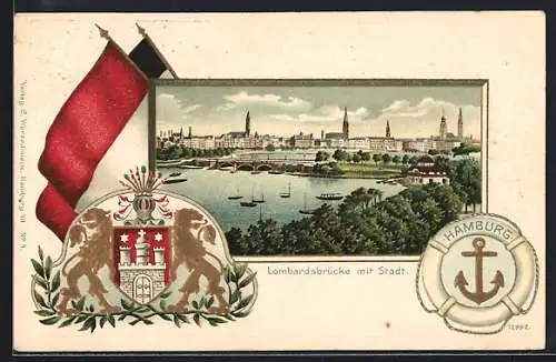 Passepartout-Lithographie Hamburg-Neustadt, Lombardsbrücke mit Stadt, Wappen und Fahnen