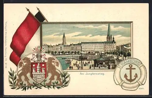 Passepartout-Lithographie Hamburg-Neustadt, Passanten am Jungfernstieg, Wappen und Fahnen