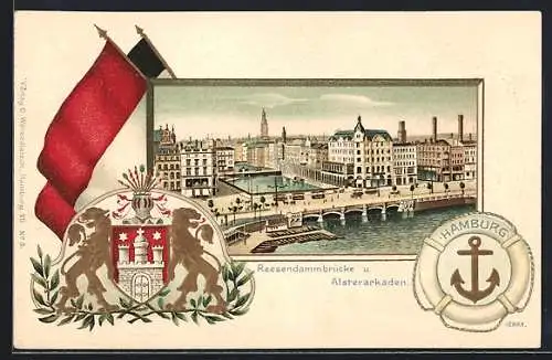 Passepartout-Lithographie Hamburg, Reesendammbrücke und Alsterarkaden, Wappen