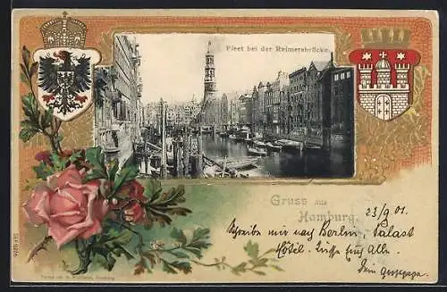 Passepartout-Lithographie Alt-Hamburg, Fleet bei der Reimersbrücke, Wappen, Rose