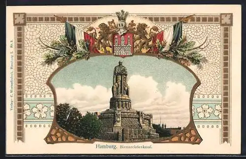 Passepartout-Lithographie Hamburg-St.Pauli, Blick auf das Bismarckdenkmal, Wappen mit Reichsfahnen und Eichenzweigen