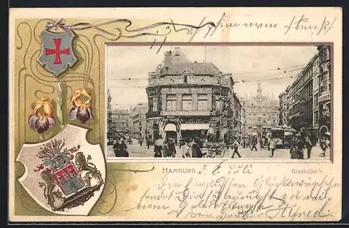 Passepartout-Lithographie Hamburg-Neustadt, Graskeller mit Restaurants und Geschäften, Wappen mit Schwertlilien