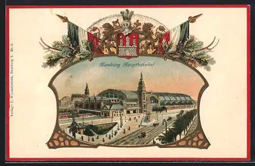 Passepartout-Lithographie Hamburg-St.Georg, Partie am Hauptbahnhof, Wappen, Reichsfahnen und Eichenzweige