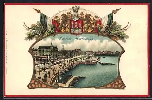 Passepartout-Lithographie Hamburg-Neustadt, Alter und neuer Jungfernstieg, Stadt-Wappen