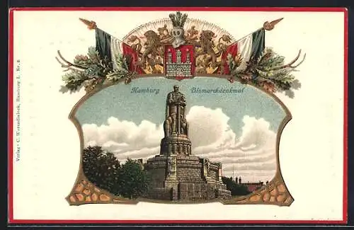 Lithographie Hamburg-St. Pauli, Bismarckdenkmal, Fahnen, Wappen