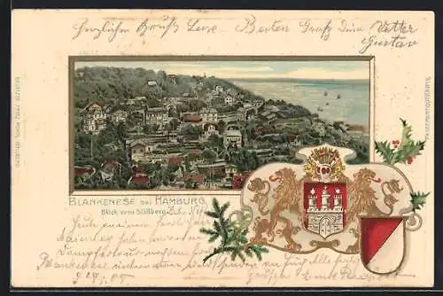 Passepartout-Lithographie Hamburg-Blankenese, Stadtansicht mit Elbe vom Süllberg, Wappen