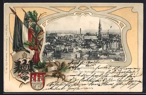 Passepartout-Lithographie Hamburg-Neustadt, Blick vom Michaeliskirchturm, Stadt-und Reichswappen, Nationalflagge