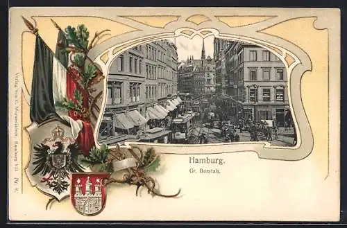 Passepartout-Lithographie Hamburg, Gr. Burstah mit Strassenbahnen, Wappen, Reichsfahne und Eichenzweig