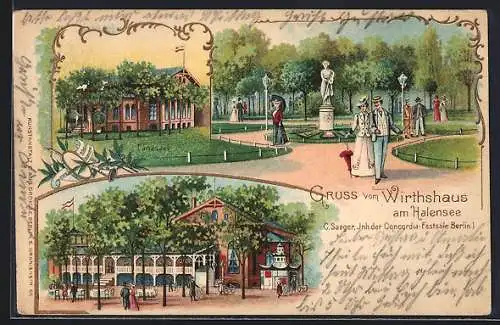Lithographie Berlin, Wirtshaus am Halensee von C. Saeger, Parkanlage, Aussenansicht und Tanzsaal