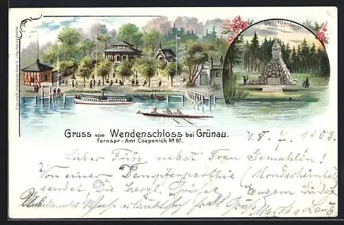 Lithographie Berlin-Köpenick, Gasthof Wendenschloss bei Grünau, Uferanlage und Sportdenkmal