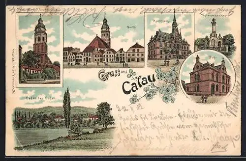 Lithographie Calau, Rathaus, Markt, Post