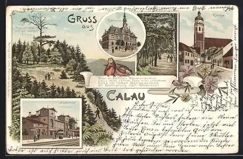 Lithographie Calau, Bahnhof, Rathaus, Kirche