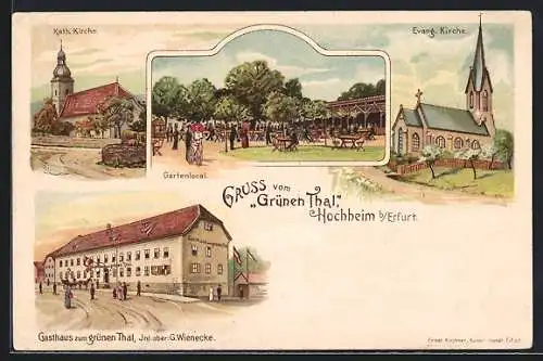 Lithographie Hochheim b. Erfurt, Gasthaus zum Grünen Tal, Gartenlokal, Katholische Kirche, Evang. Kirche