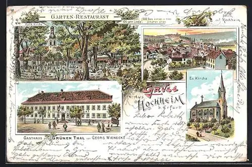 Lithographie Hochheim b. Erfurt, Gasthaus zum Grünen Thal, Ev. Kirche