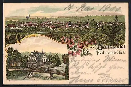 Lithographie Hochheim b. Erfurt, Gasthaus Sanssouci und Panorama