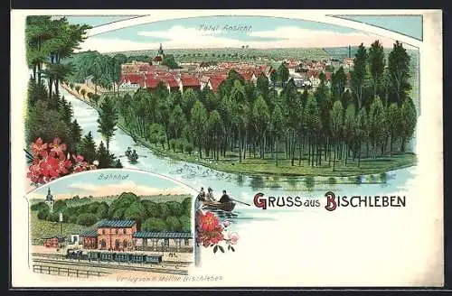 Lithographie Bischleben, Totalansicht mit Fluss und Bahnhof