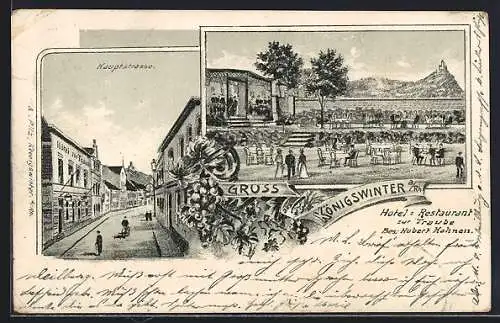 Lithographie Königswinter a. Rh., Hauptstrasse mit Hotel-Restaurant zur Traube