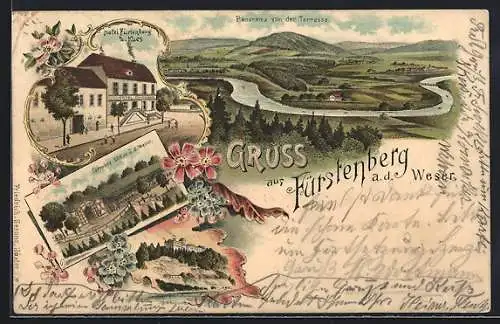 Lithographie Fürstenberg a. d. Weser, Hotel Fürstenberg und Panorama von der Terrasse