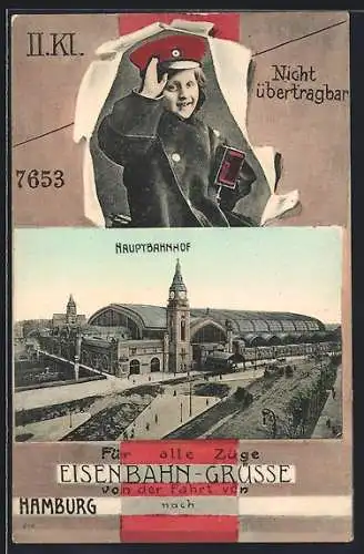 AK Hamburg-St.Georg, Junger Briefträger und Hauptbahnhof