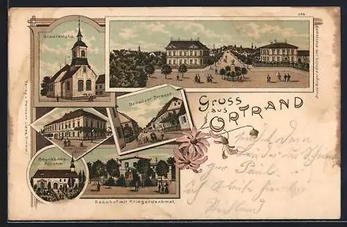 Lithographie Ortrand, Stadtkirche, Begräbniskirche und Dresdener Strasse