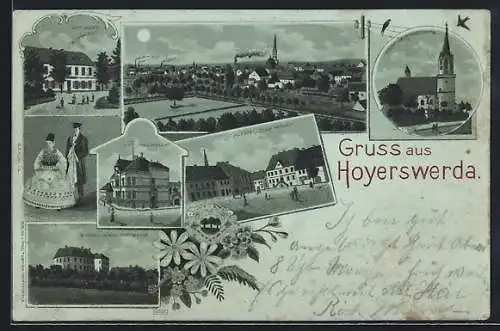 Mondschein-Lithographie Hoyerswerda, Schloss, Gasthaus zum Adler und Königl. Amtsgericht