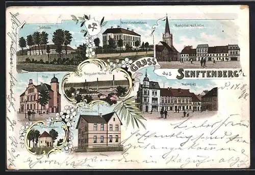 Lithographie Senftenberg, Markt mit Kirche, Schloss, Post, Reppister Werke