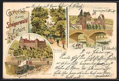 Lithographie Erfurt, Steigerwald, Steigerbrauerei und Hochheimer Kurhaus