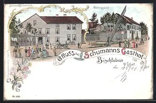 Lithographie Bischleben b. Erfurt, Schumanns Gasthof, Vorder- und Rückansicht