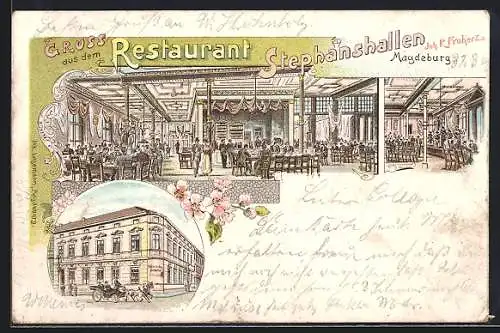 Lithographie Magdeburg, Restaurant Stephanshallen von R. Froherz, Speisesaal und Aussenansicht