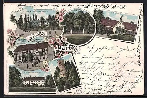 Lithographie Harbke, Kirchturm mit Pfarrhaus, Gasthaus zum Goldenen Pudel v. Friedrich Ahrend und Burgruine