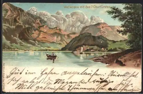 Lithographie Wallensee, Teilansicht mit den 7 Churfürsten und Boot, Berggesichter