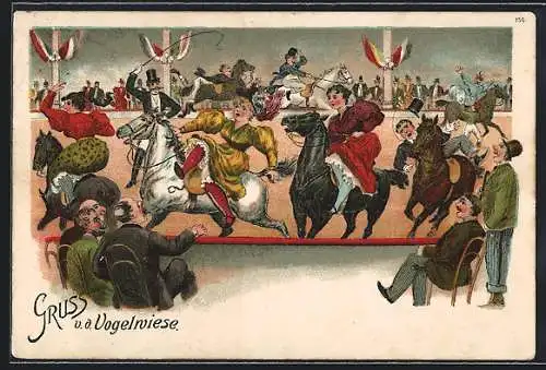 Lithographie Dresdener Vogelwiese, Darheme haben se'nichts zu fressen, aber eiten tun se'doch..., Besucher in der Manege