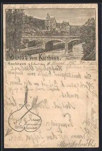 Vorläufer-Lithographie Hochheim b. Erfurt, 1895, Kurhaus mit Flusspartie und Brücke