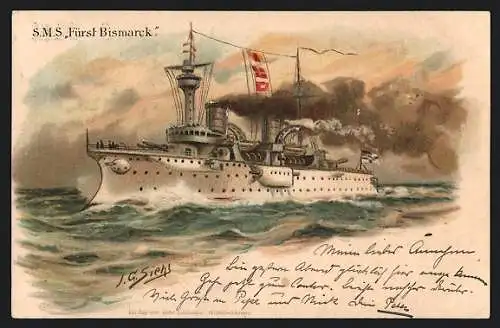 Künstler-AK Johann Georg Siehl-Freystett: S.M.S. Fürst Bismarck, Kriegsschiff des Ostasiengeschwaders auf hoher See