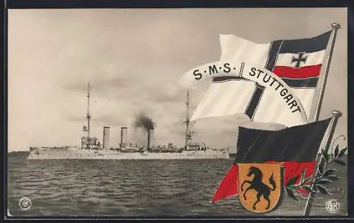 AK Kriegsschiff S.M.S. Stuttgart, Reichskriegsfahne und Wappen