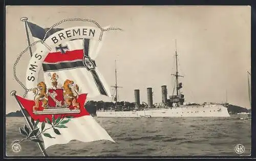 AK Kriegsschiff S.M.S. Bremen, Reichskriegsfahne und Wappen