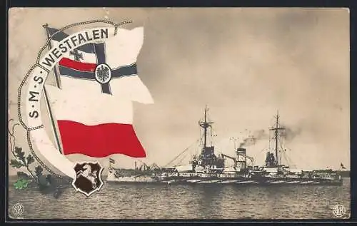 AK Kriegsschiff S.M.S. Westfalen, Wappen und Reichskriegsfahne