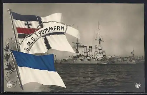 AK Kriegsschiff S.M.S. Pommern, Reichskriegsflagge und Lorbeerzweig