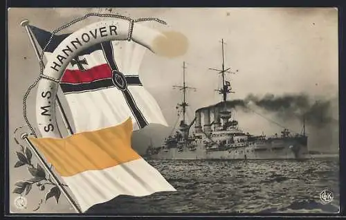 AK Kriegsschiff S.M.S. Hannover, Reichskriegsflagge und Lorbeerzweig