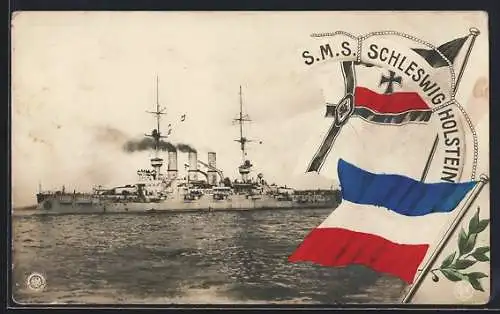 AK Kriegsschiff S.M.S. Schleswig Holstein, Reichskriegsflagge und Lorbeerzweig