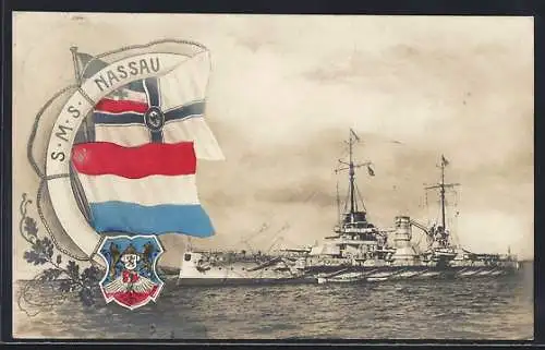 AK Kriegsschiff S.M.S. Nassau, Reichskriegsflagge und Wappen