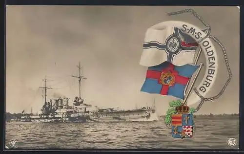 AK Kriegsschiff SMS Oldenburg, Reichskriegsflagge und Wappen