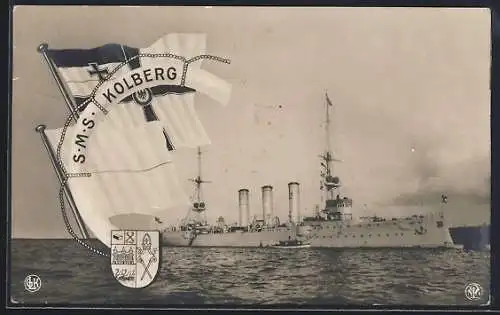 AK Kriegsschiff S.M.S. Kolberg, Wappen und Reichskriegsflagge