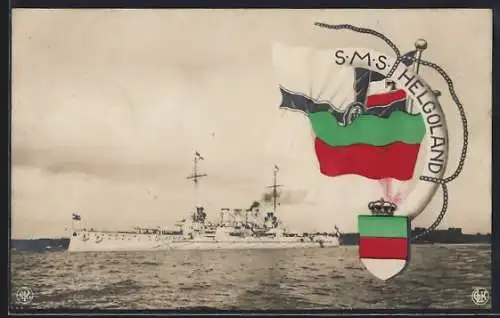 AK Kriegsschiff S.M.S. Helgoland, Reichskriegsflagge und Wappen