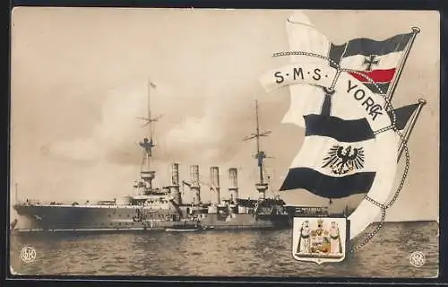 AK Kriegsschiff S.M.S. York, Reichskriegsfahne und Wappen