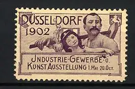 Reklamemarke Düsseldorf, Industrie-, Gewerbe- und Kunstausstellung 1902, Arbeiter mit Tochter und Wappen