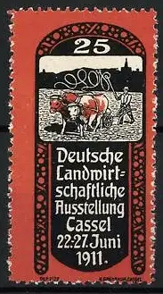 Reklamemarke Cassel, Deutsche Landwirtschaftliche Ausstellung 1911, Bauer mit Rinderpflug