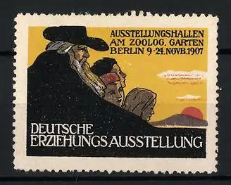 Reklamemarke Berlin, Deutsche Erziehungs-Ausstellung 1907, Familie blickt zum Sonnenaufgang