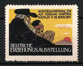 Reklamemarke Berlin, Deutsche Erziehungs-Ausstellung 1907, Familie blickt zum Sonnenaufgang